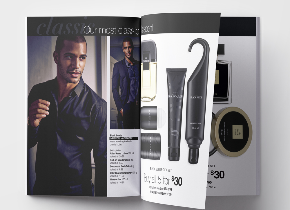 Mens fragrance brochure spread